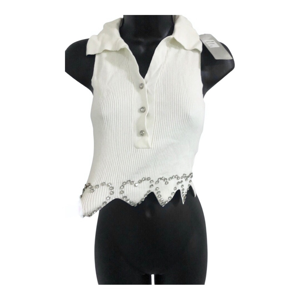 white cz diamond rhinestone heart shape scallop hem crop knit top size Small new - Picture 5 of 11